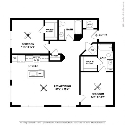 A floor plan of a home with two bedrooms, a living/dining area, a kitchen, and a bathroom.